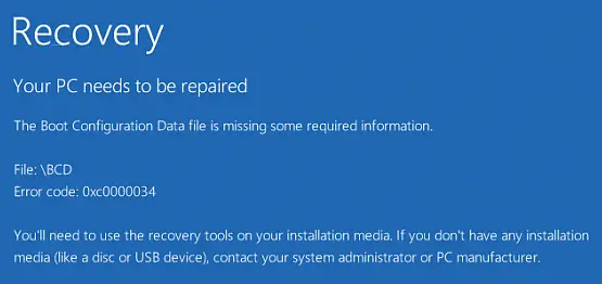 Boot Configuration Data file is missing some required information