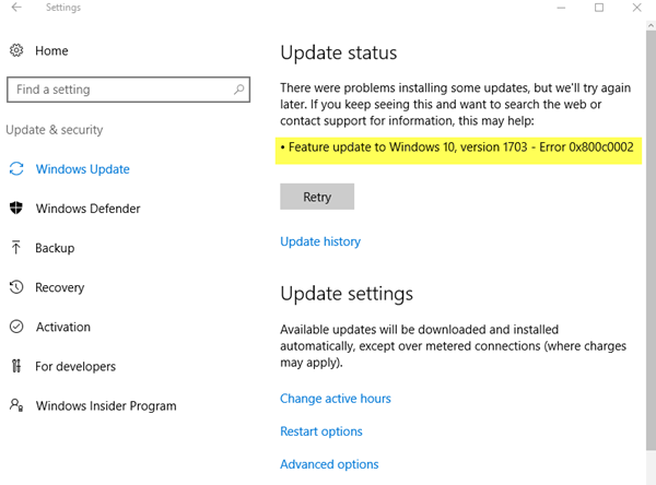 Error 0x800c0002 while updating Windows 10