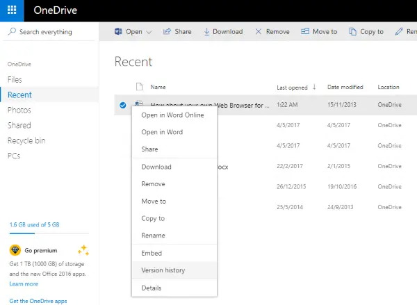 Using Version History on OneDrive for all File Types