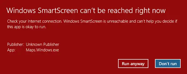 Windows SmartScreen can't be reached right now