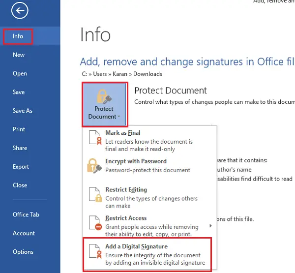 How to add, remove and change Digital Signatures in Word files