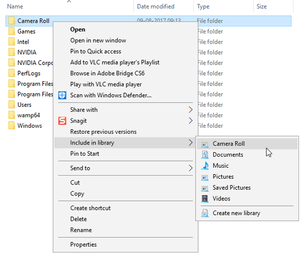 Camera Roll folder missing in Windows 10