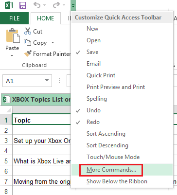 More Commands in Quick Access Toolbar