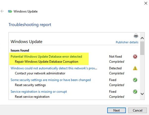Potential Windows Update Database error detected