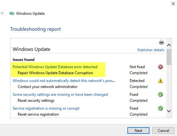 Potential Windows Update Database error detected