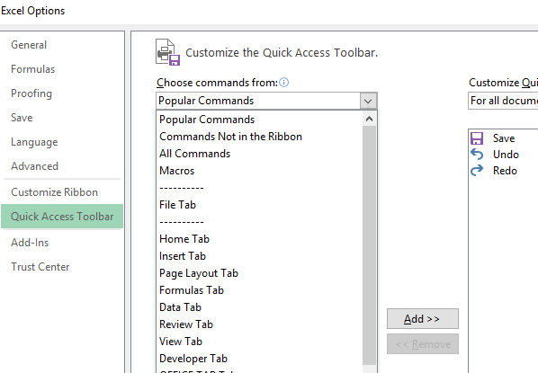 Reordering commands in Quick Access Toolbar