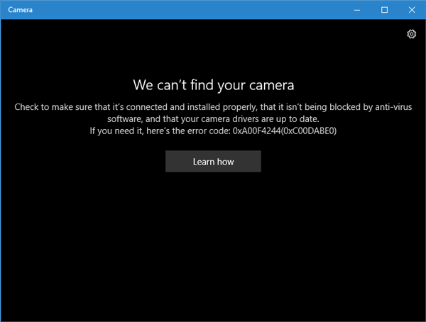 We can’t find your camera, Error code 0xA00F4244