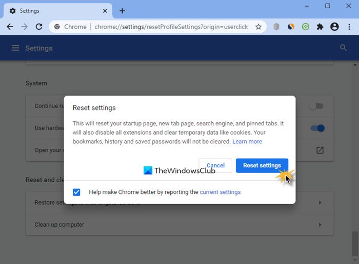 Reset the Chrome browser to default settings