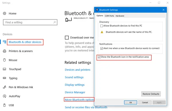 Bluetooth icon not showing in Windows 11/10 Taskbar