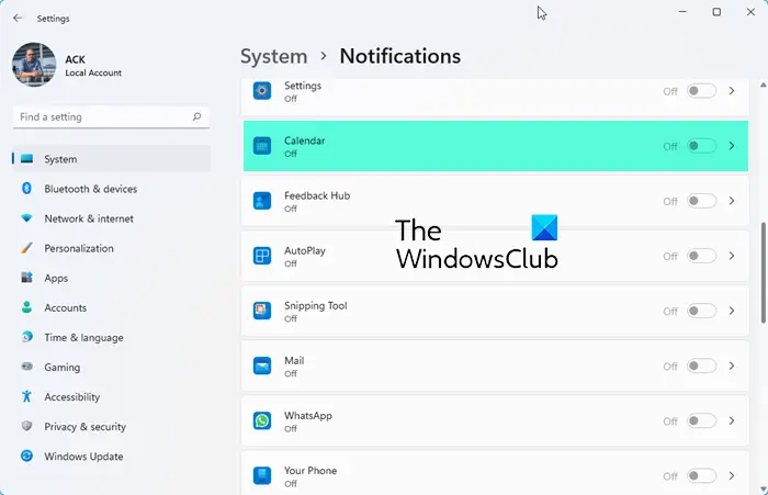 Disable Calendar app notifications in Windows