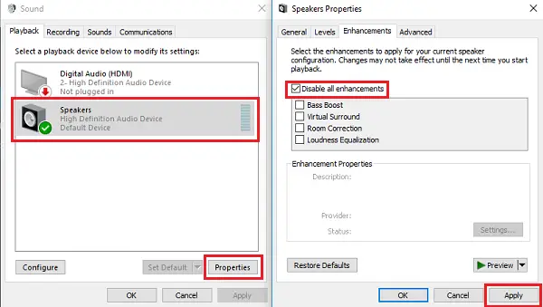 how to disable audio enhancements in windows 10