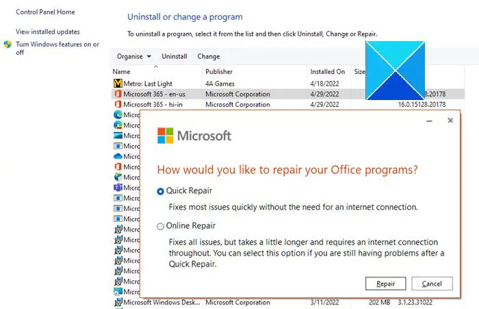 Repair, update, uninstall Microsoft Office Click-to-Run