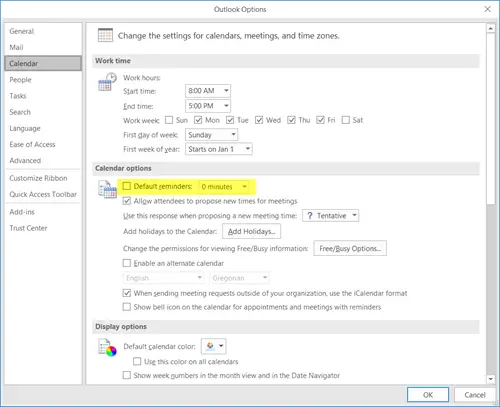 Turn off Outlook Calendar reminders and popup notifications