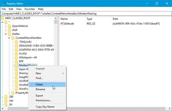 How to remove Share button from right-click context menu in Windows 10