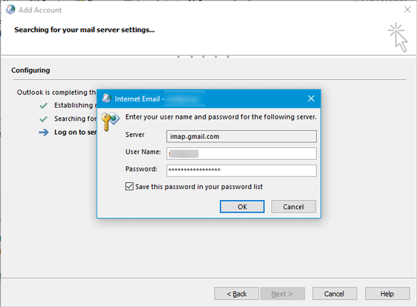 Outlook cannot connect to Gmail, keeps asking for password