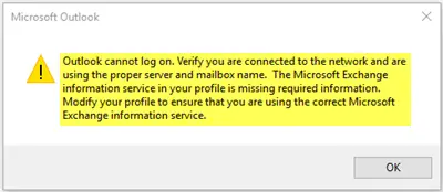 Outlook cannot log on, verify you are connected to the network