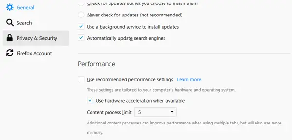 Improve Firefox performance Open about:preferences and click the General section.Under Performance unchek recommended performance setting and the check Use hardware acceleration when available. Under Content process limit steet the option to 5 or 6 or 7 and see. It will increase perormance - but also use more memory. Set Permissions xxx