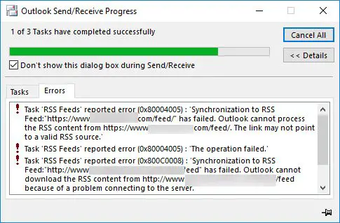 RSS-каналы Outlook не обновляются