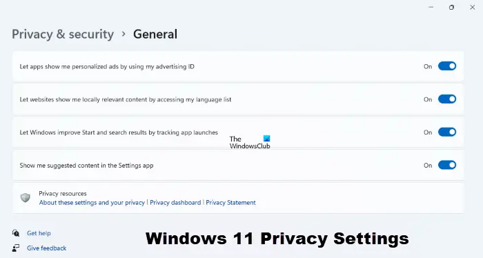 General Privacy Settings in Windows 11