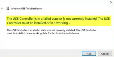 The USB Controller is in a failed state or is not currently installed