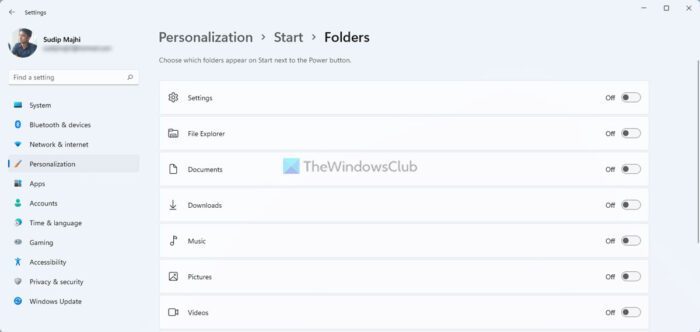 Choose which folders appear on Start Menu in Windows 11