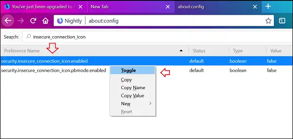 Disable Insecure Connection Icon in Firefox