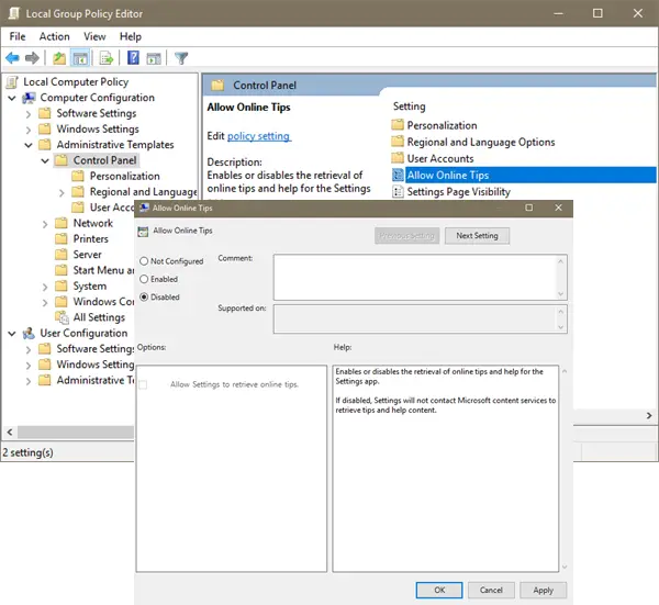 Disable Online tips in Windows 10 Settings