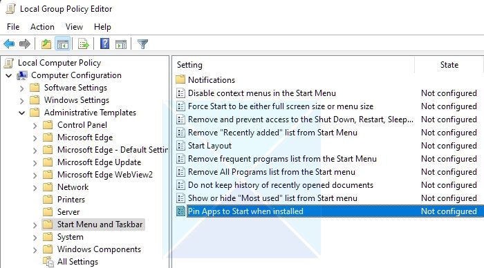 Group Policy Pin Apps Start when installed