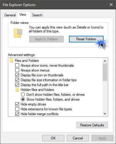 Reset Folder View in Windows 10