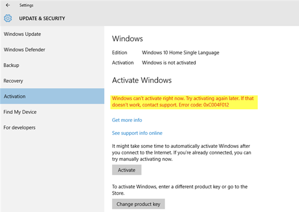 Windows 10 Activation Error 0xC004F012