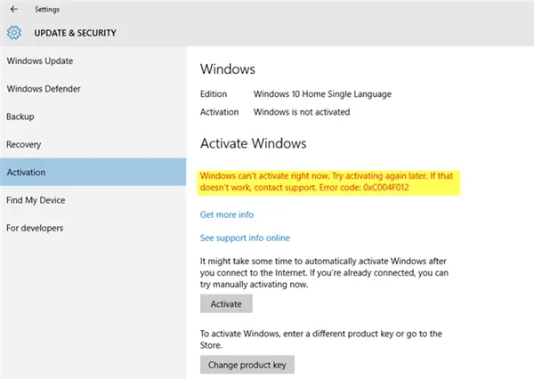 Fix Windows 10 Activation Error Code 0xc004f012