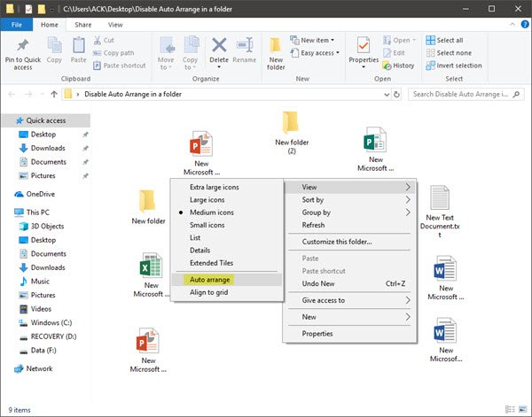 Disable Auto Arrange in a folder