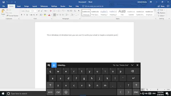 Dictation Tool in Windows 10