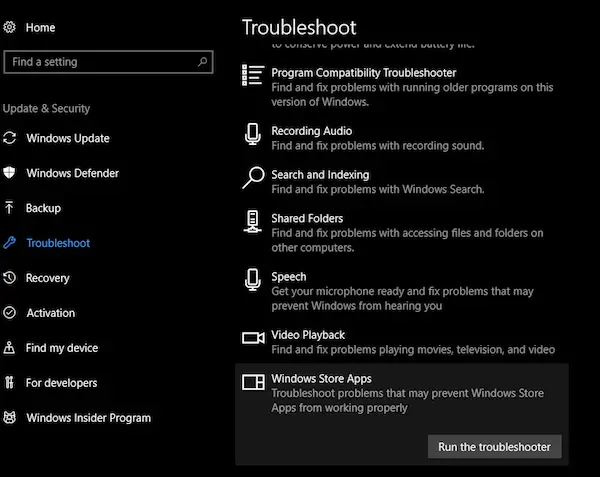 Windows Store Apps Troubleshooter - Win10