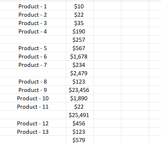 final sporadic totals in Excel