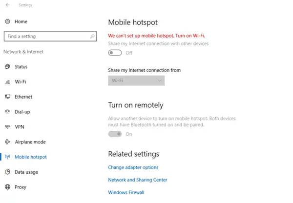 Mobile hotspot not working in Windows 10