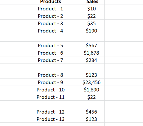 show sporadic totals in Excel