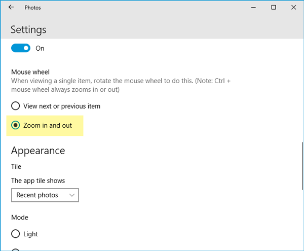 Zoom in or out using Mouse wheel in Photos app