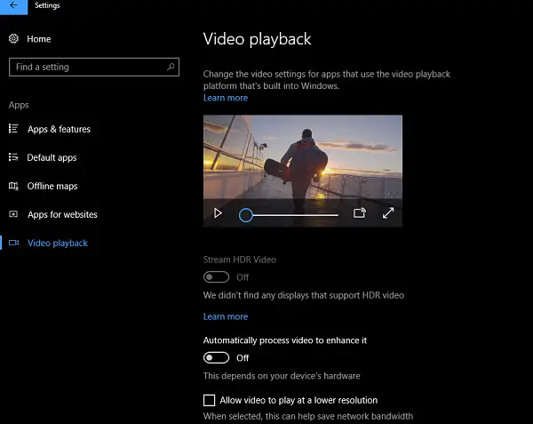 Enable HDR playback in Windows 10