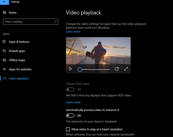 Enable HDR playback in Windows 10