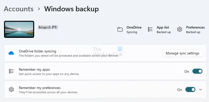 Windows Backup Account Settings