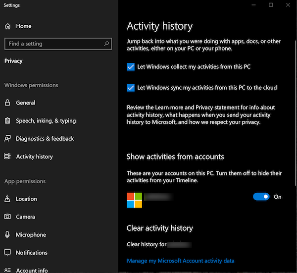 Activity History on Windows 10