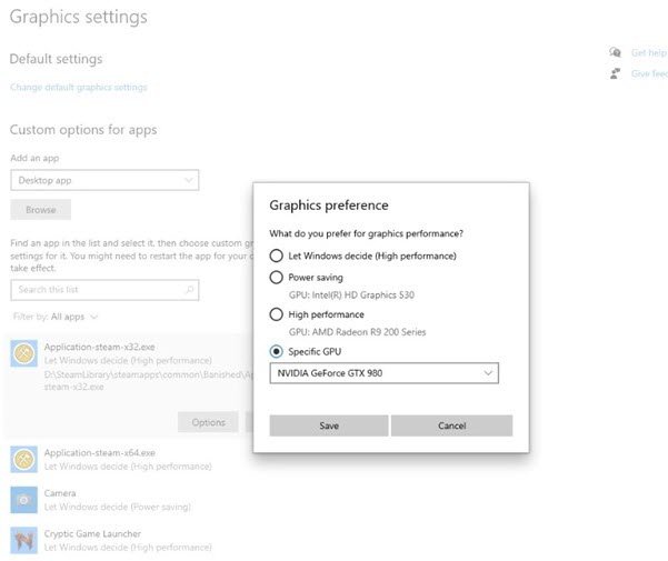 Allow users to specify a default high performance GPU or pick a specific GPU on a per application basis