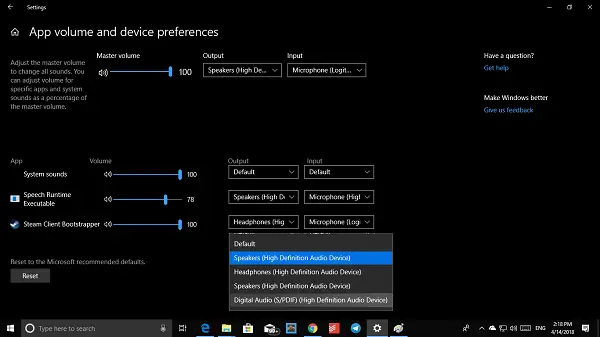 Change App Audio and Microphone Settings in Windows 10