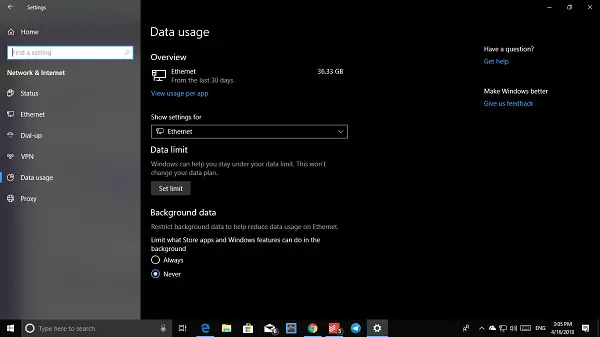 Data Usage for Network Adapters on Windows 10