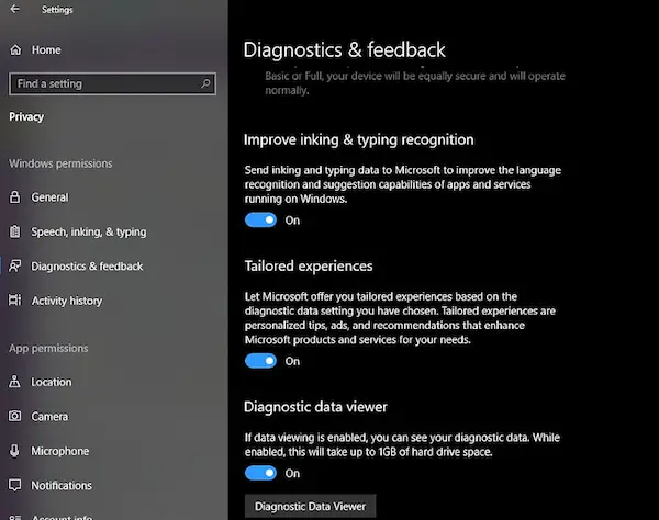 Disable Inking and Typing data collection