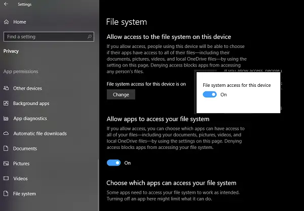 File System Access to Apps on Windows 10