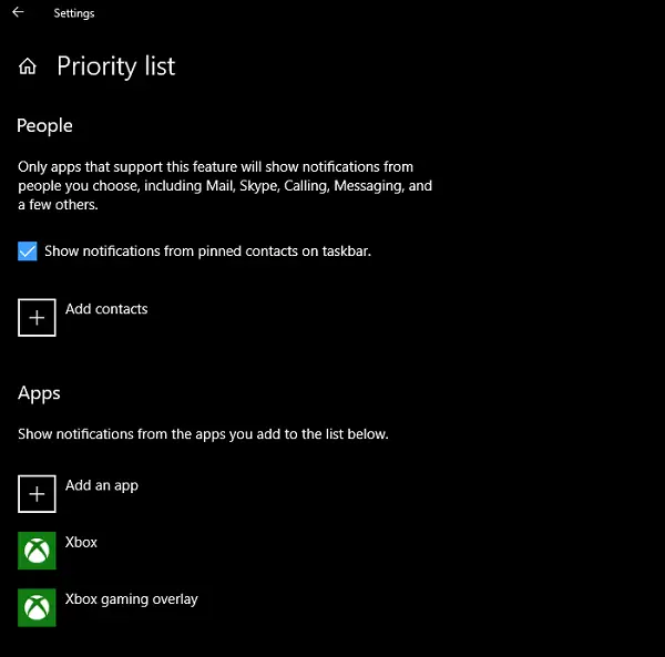 Focus Assist Option for People, Apps Windows 10