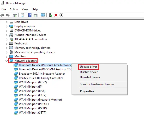 Update Network adapters driver