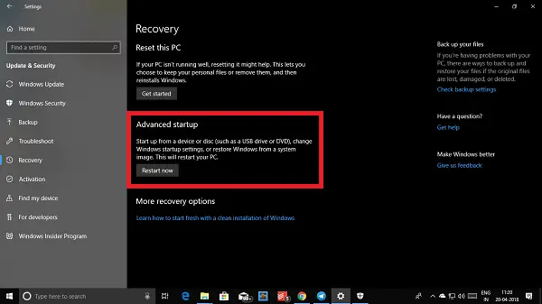 Windows 10 Advanced Startup Recovery Options